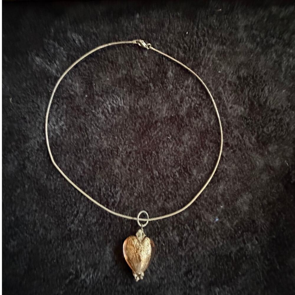 Art Glass Gold Foil Style Heart Pendant Necklace Silver Tone Chain 17"